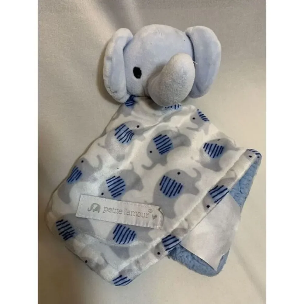Petite L'Amour Blue White Gray Elephant Plush Security Blanket Lovey‎ Lovie Grey